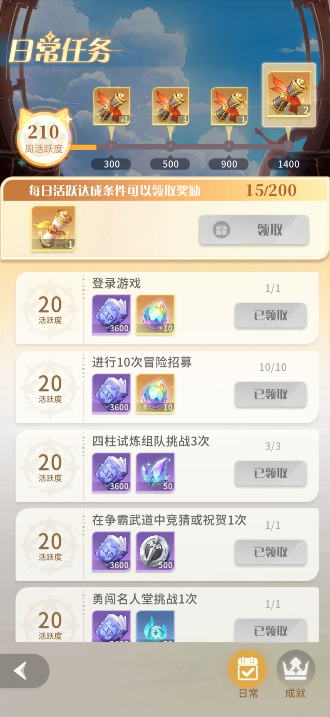 活跃度任务做完了只有15点? 1