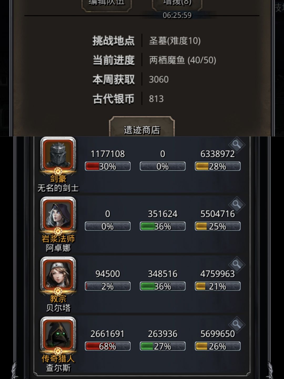 遗迹10魔鱼星期三攻略可以带两个传奇猎人吧，剑豪的输出实在是让人血压高截图