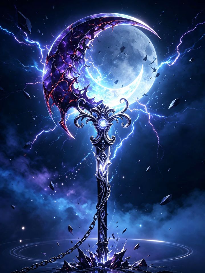 装备名字:蚀月幽镰
装备部位:武器
武器装备描述:隐匿于永夜的月之凶器,刀刃流淌残缺月光,挥动时会传来星月破碎的低鸣
外观:巨型弯月镰刀,刀身泛冷银幽蓝微光,缠绕破碎暗紫色纱幔,刀柄雕刻荆棘暗纹,背景是破碎星云与暗黑色宇宙,冷调高对比,充满冷峻压迫感截图