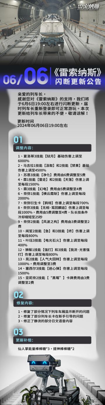 【雷索纳斯】6.6闪断更新公告