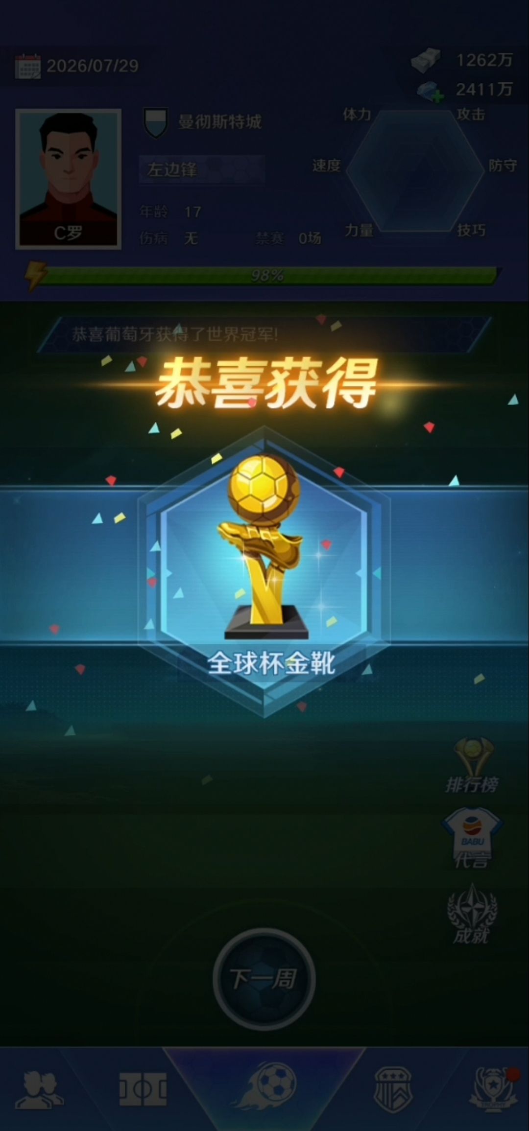 17岁帮总裁圆世界杯冠军。 2
