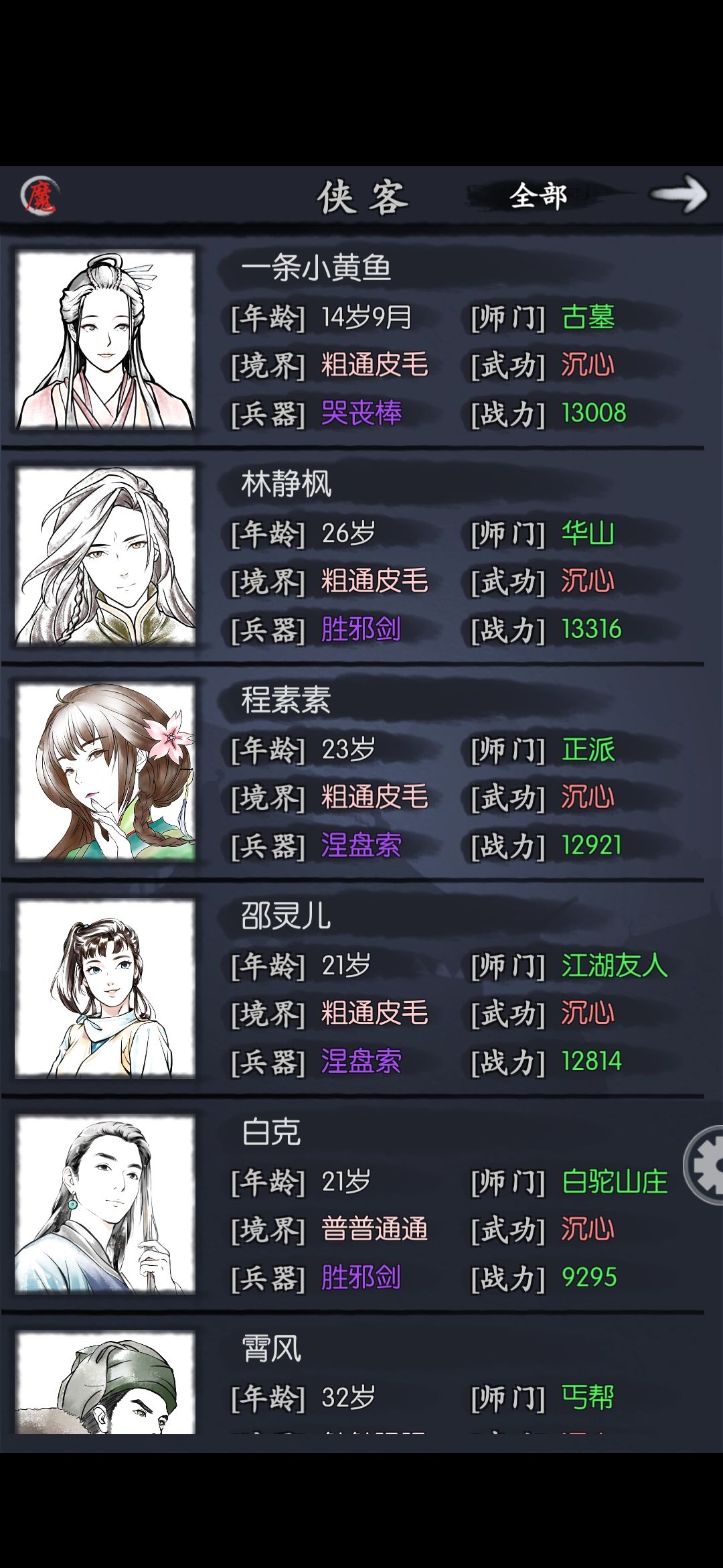 兄弟们，给大家安利一个低练度通侠客的阵容只需要一个强制的侠客白客，那玩意在对面挂的时候可以补刀，1.6倍伤害还带暴击可老六了，主用猴棍爆免肉套站最后要的就是嘲讽就行了，其他三个侠客如图，本来我想三鞭子的，但是发现输出还是不够稳是小林子输出比较稳定，而且他不用怎么弄速度就贼快。三个打手最主要的属性是速度，暴击，速度第一位，一定要保证先出手，只要对面死人，有老六在全部补死，素素2-1能点多一点就多一点截图
