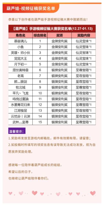 【葫芦娃】手游视频征稿大赛获奖名单