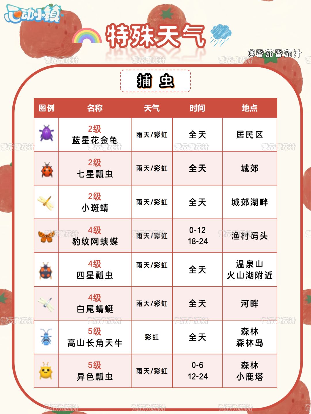 心动小镇 彩虹天雨天捕虫钓鱼观鸟全攻略 2
