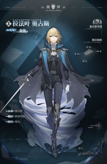 奥古斯情报处-拉法叶
*调阅档案：拉法叶 · 奥古斯
*调阅权限：绝密
“没关系，不用担心。这是我必须承担的责任。”
情报I：神圣奥古斯帝国的王储，英雄王埃尔加之子。
情报II：温和寡言的少年，得益于父皇的严苛要求，养成了果断的性情。
爱好是研读戏剧作品，不过身为继承人，繁重的课业让他无暇外出看剧，只偶尔在节日观看过部分经典剧目。
对成为国王这件事似乎并不热衷。
情报III：埃尔加死后被当庭指控为