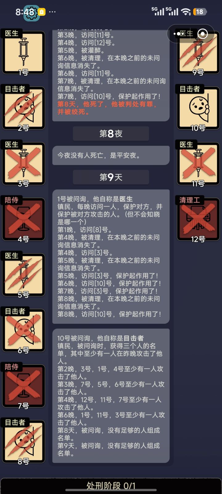 如图，连续4天平安夜。现在场上只剩两个人，昨天处决我错误地处决掉3号之后，就只剩了这两个人。但是还是平安夜。1号说救了10，可10总不能自刀吧。1号有刀也没理由不出啊。
这游戏我刚玩，不懂出刀机制是怎么回事。为什么能只剩两个人了还能平安夜。[表情_疑惑]截图