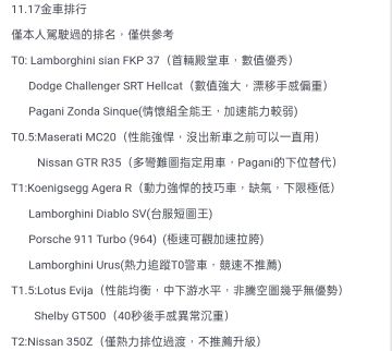 11.17台服金车排行