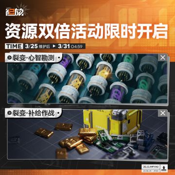 尊敬的指挥官，3月25日维护后~3月31日4:59 期间，游戏内【心智勘测】和【补给作战】系列关卡将限次掉落双倍物资，不要错过哦。详情可于活动开启后前往游戏内查看。