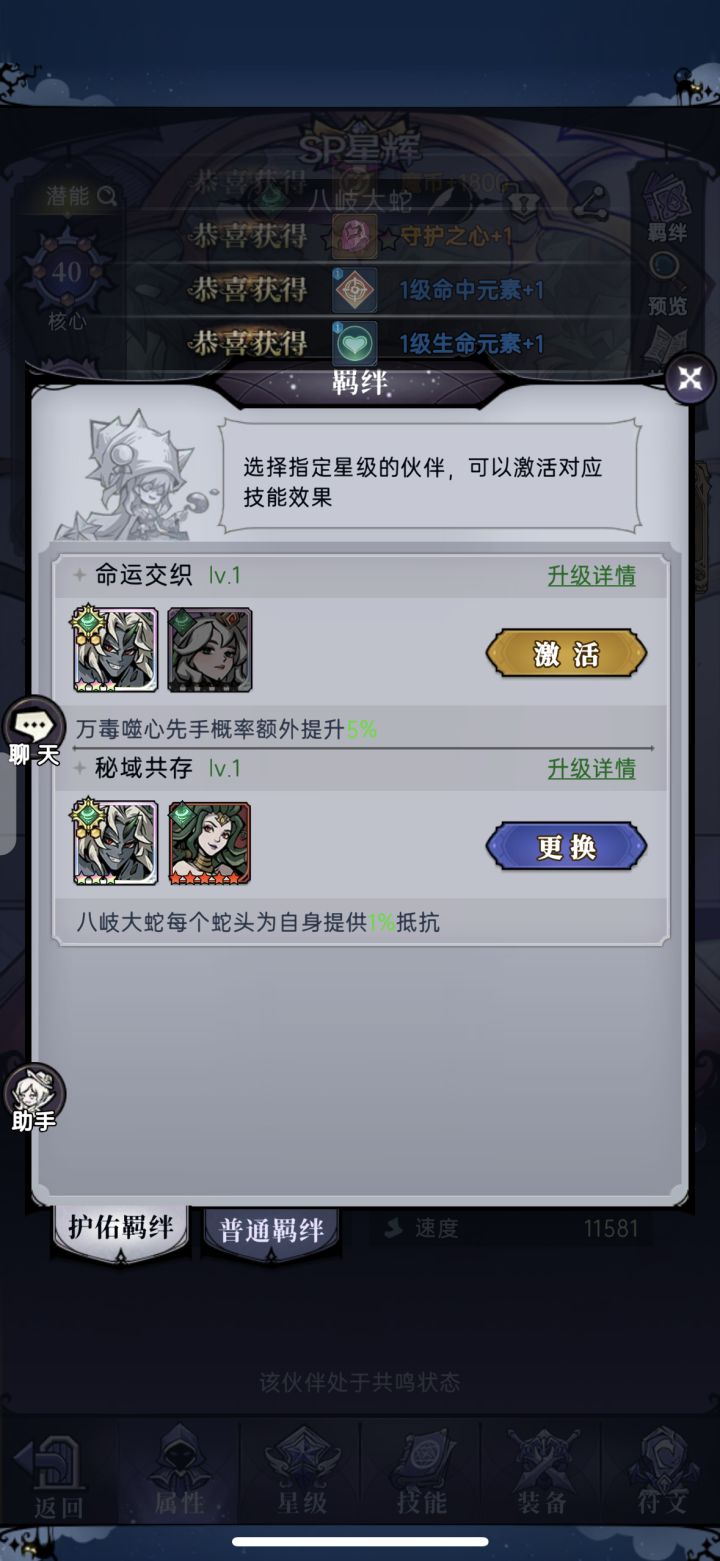 求助：星辉兔子新娘和星辉死灵骑士，护佑羁绊和普通羁绊，分别是哪些伙伴？下图所示是八歧大蛇的。截图