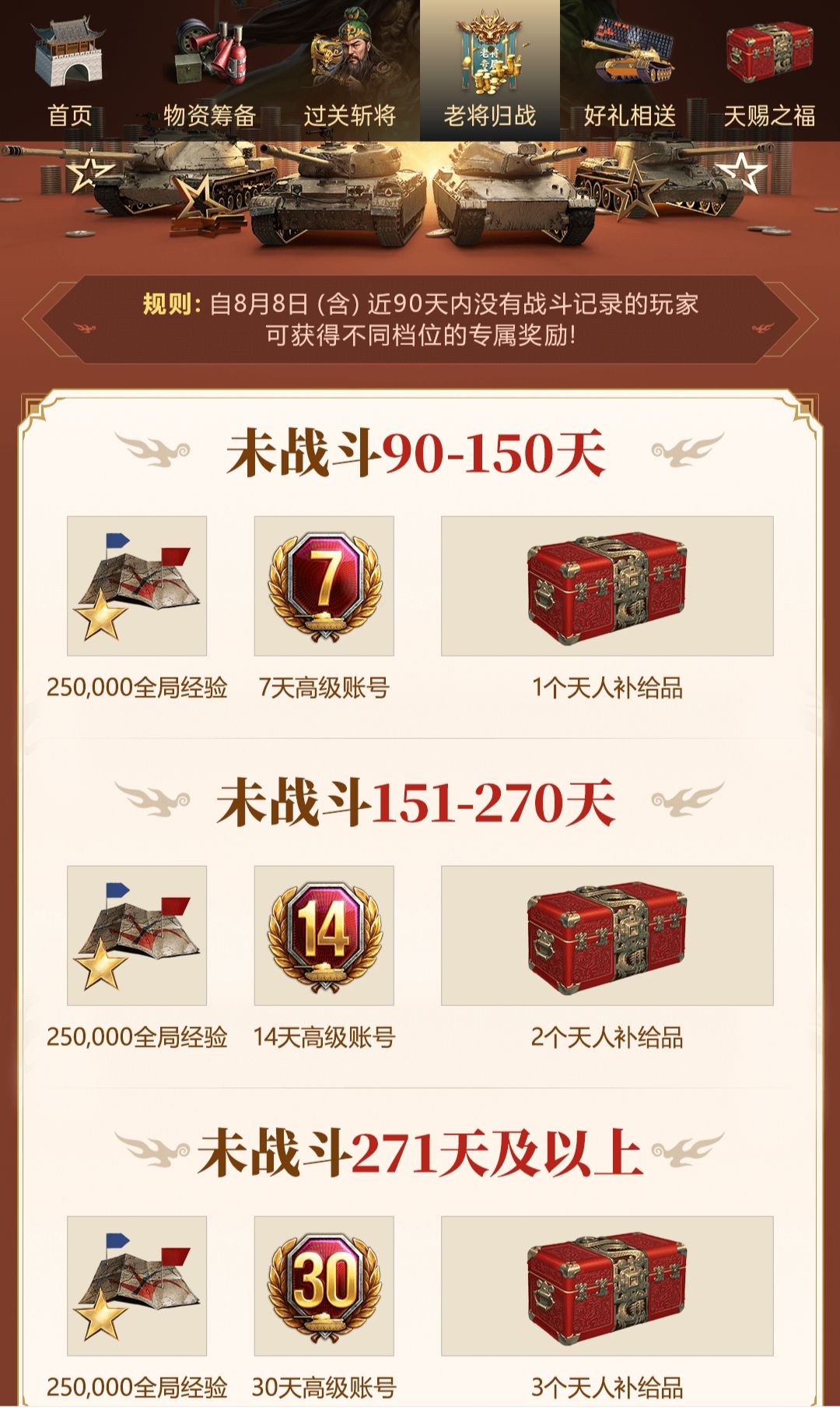 坦克世界：今天肯定老兵回归送的箱子中8金 3