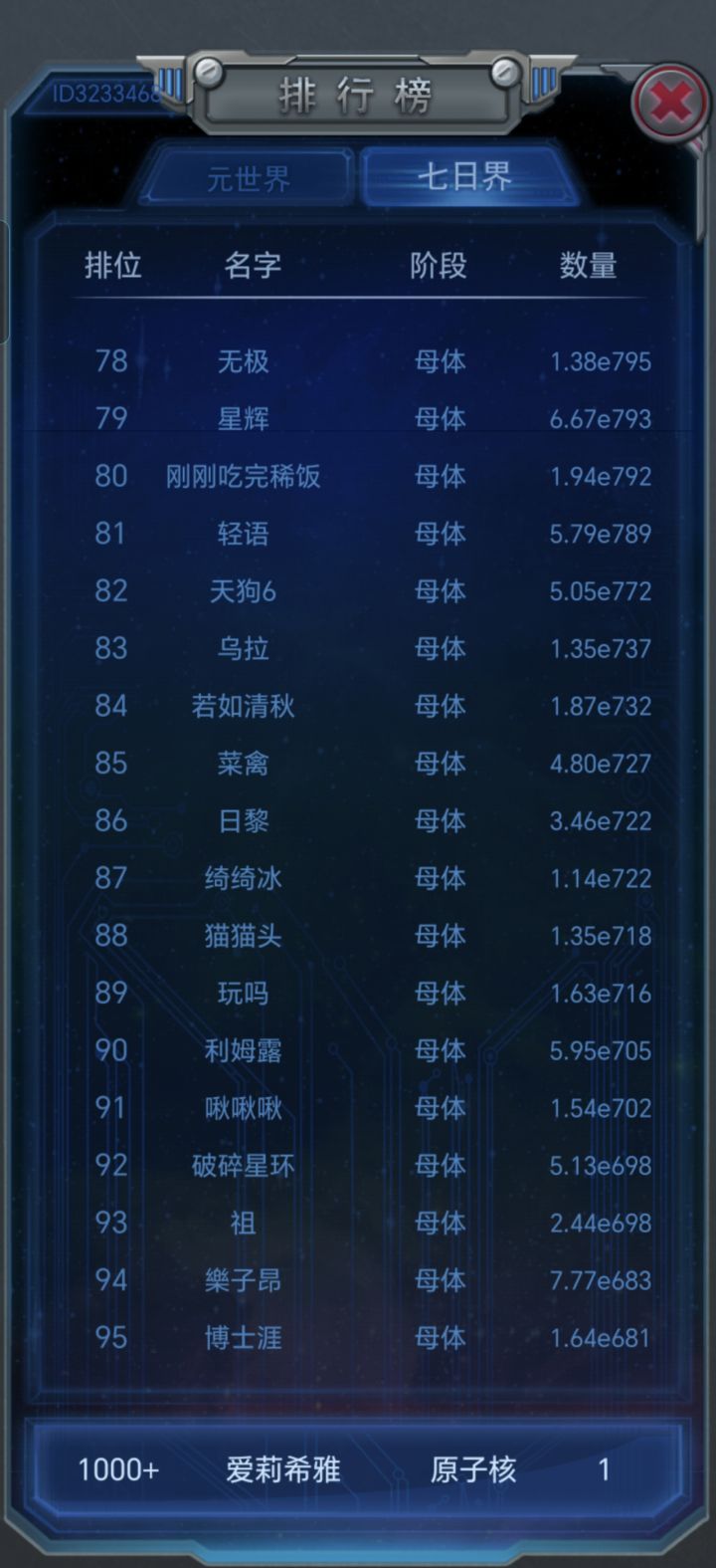 账号没了，我人直接裂开了[表情_捂脸哭]。
春节期间重玩，我用手机和电脑模拟器一起玩的，同微信账号。
事情是这样的，我新账号都玩到大鲵扭曲了，结果我刚刚用手机打算转移数据后出门，然后就稀里糊涂的删除了微信账号。
这没什么，大不了电脑上传存档后重新下载一次嘛。
然后，炸裂的事来了，我手机上绝下载到了我七八年前玩儿的账号，2700多天的离线时长[表情_捂脸哭]，目前就是七日界排名87那个（绮绮冰），当截图