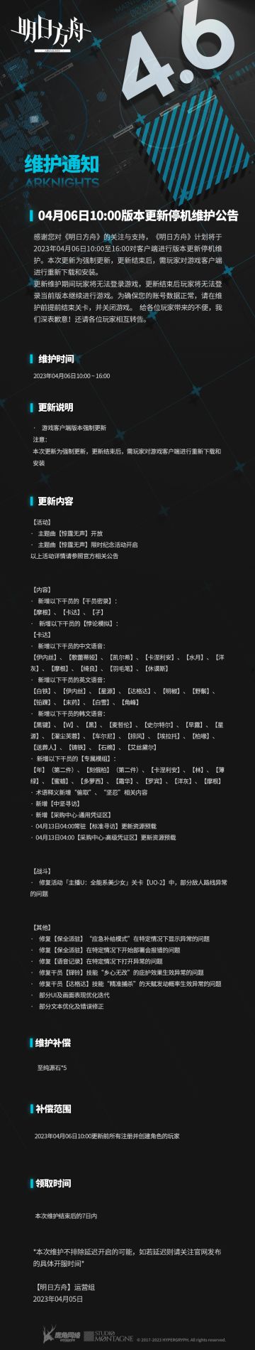 04月06日10:00版本更新停机维护公告