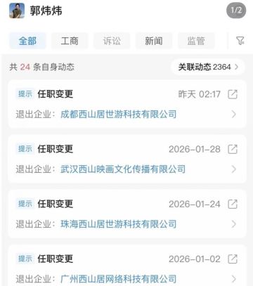 西山居郭炜炜退出多家关联公司