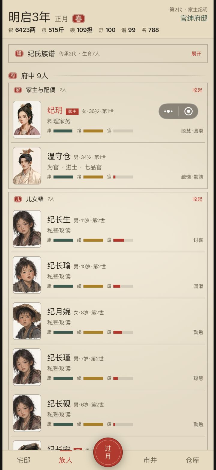 开了酒楼后直接月入千两 丈夫升任六品官
开局广告刷一个智慧高点的丈夫,前期家主在外面行商走贩,丈夫送去念书,第二月就有成为秀才的弹窗,后期赚到钱后花两个80两丈夫成为进士后当官每月就有固定收入。
前期可以在集市上倒卖摆摊赚钱,买白菜加价五两倒卖出去,这里可以使用sl大法,有时候运气好可以卖三份出去。养殖猪牛也很赚钱,前期积累财富的一条路,但是比较耗时间。有了钱去升级房屋,就可以开酒楼了,前期收入比截图