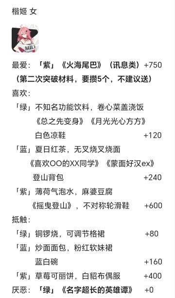 角色好感度礼物送礼大全（楷姬、谭山瞳等）