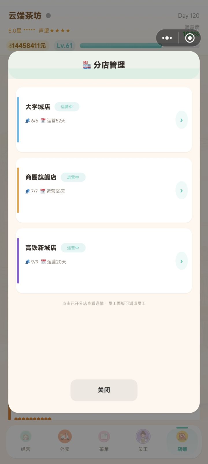 10小时，61级，科技点满，分店满级，老员工也基本sss了。截图