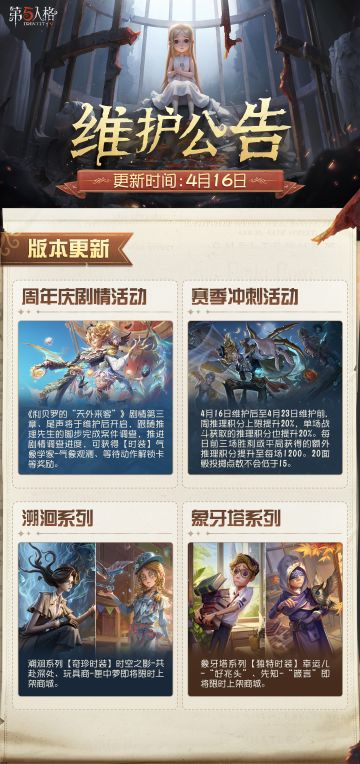 #第五人格维护公告 
2026年4月16日维护公告划重点版本来啦！
演绎之星预测、赛季冲刺活动即将开启~