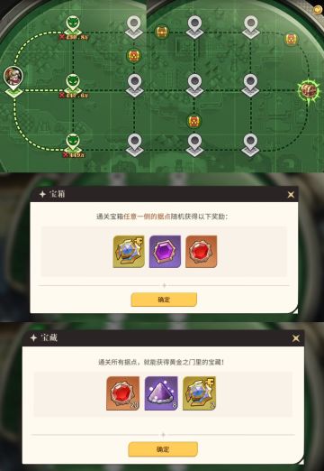 黄金之门简论（别发邀请码）
- 该省省该花花攻略第三弹 -
黄金之门的攻略相信大家都有看过了 今天我们来简单复习一下 没看过的同学也不用拿小本作笔记 本攻略讲的很浅 很好懂
首先我们看图1 这种情况就中路杀过去 虚线能连接上的 就是你能摸到的奖励
1星2星宝箱里是没有装备碎片的 所以不是顺手拿 那就不要管 3星宝箱里的三项是随机给一个的 一个装备碎片或大小经验石（具体看图1中间）
左右侧大宝箱也就