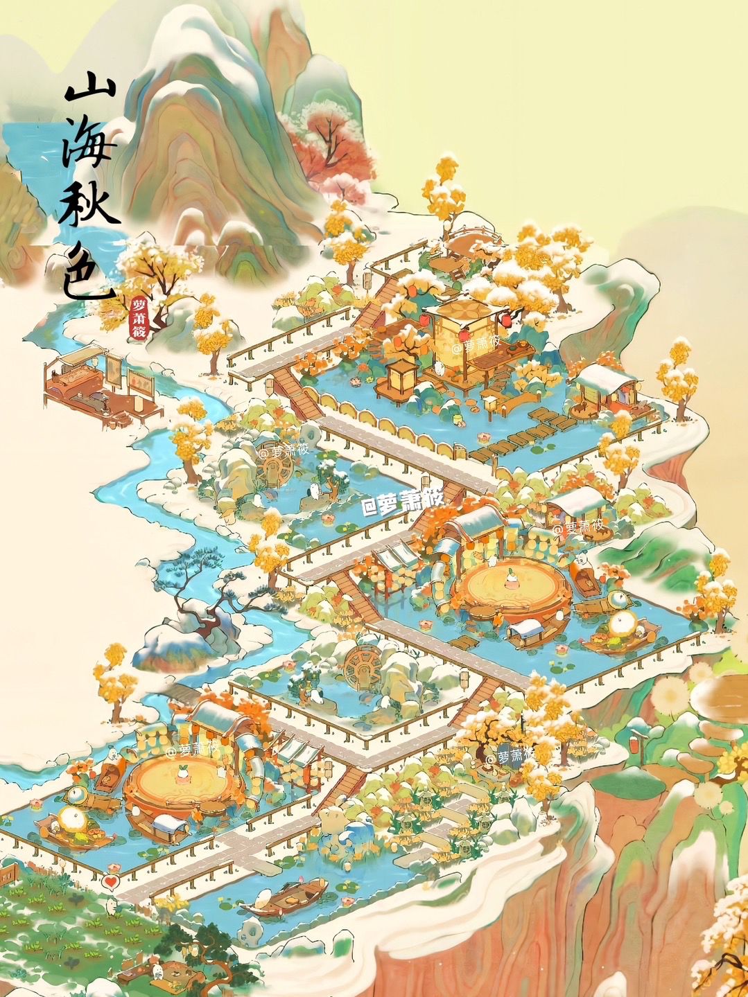 桃源丨「幽幽南山」到「山海秋色」百搭布局
模版
🌸海愿与山海共秋色，不负韶华不染尘。
🌸布局框架沿用了 「幽幽南山」的格局，这个版本
比较实用。
🌸主要建筑：花锦月盏 舞榭绮梦 叮咚水车 池萝探宝 涟舟轻荷 秋语相恩瑶光赏台 梅妆惹香 香果涟舟
🌸布局可抄回家，若发布请在正文@我哦，禁末授权商用和搬运，谢谢喜欢。#桃源深处有人家布局展示#桃源深处有人家#桃源深处有人家生活记录#桃源深处有人家装修截图