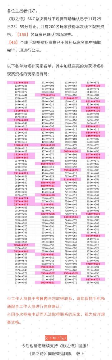《影之诗》SNC总决赛线下观赛候补观赛资格公示#影之诗#SNC2023