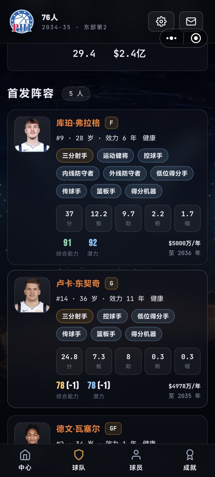 这东契奇36岁还有78的评分这对吗？还有这个弗拉格为什么别人辛辛苦苦80多，他90多这数据是脚填的对吧？截图