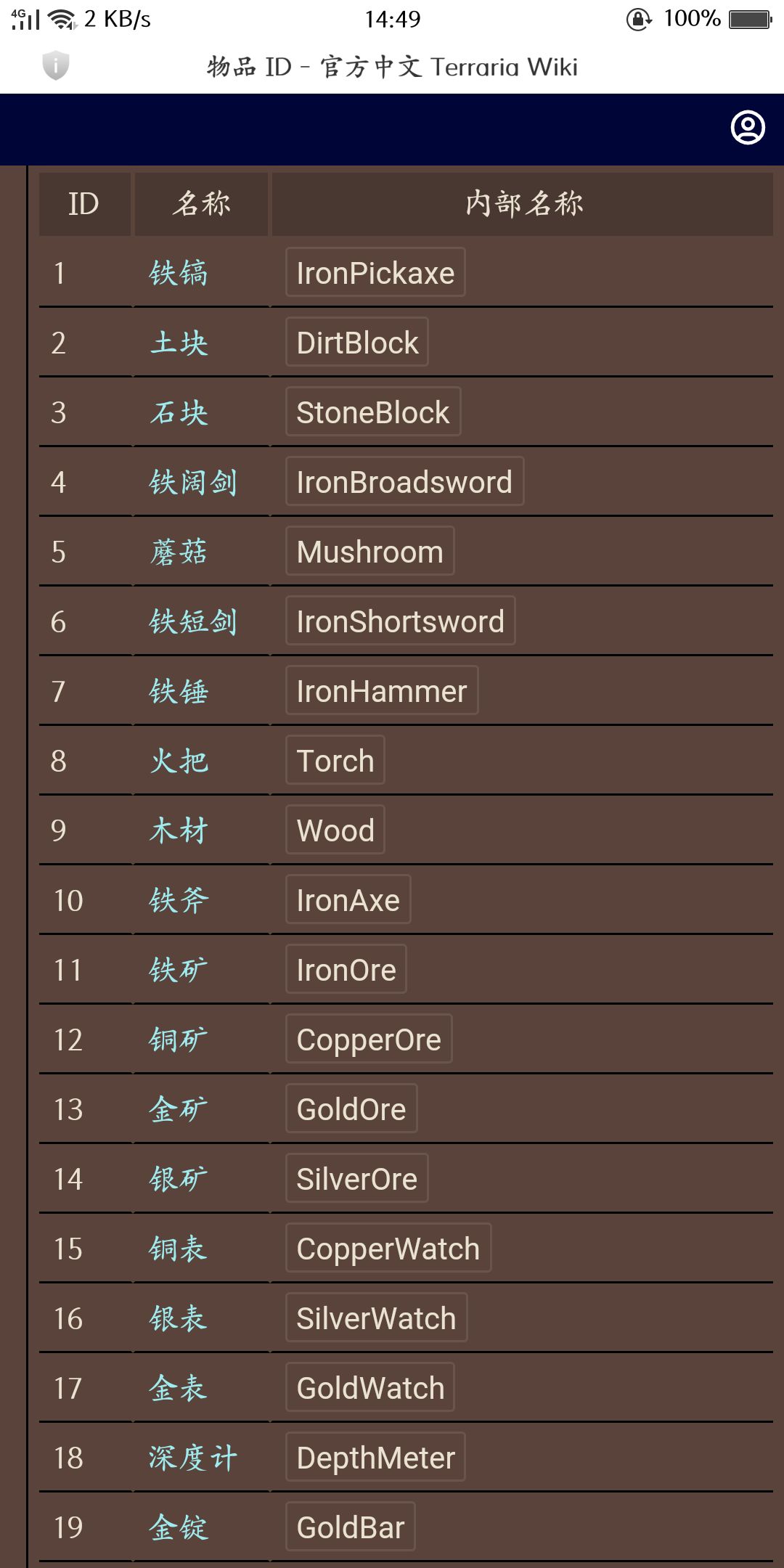 泰拉瑞亚全物品ID 3