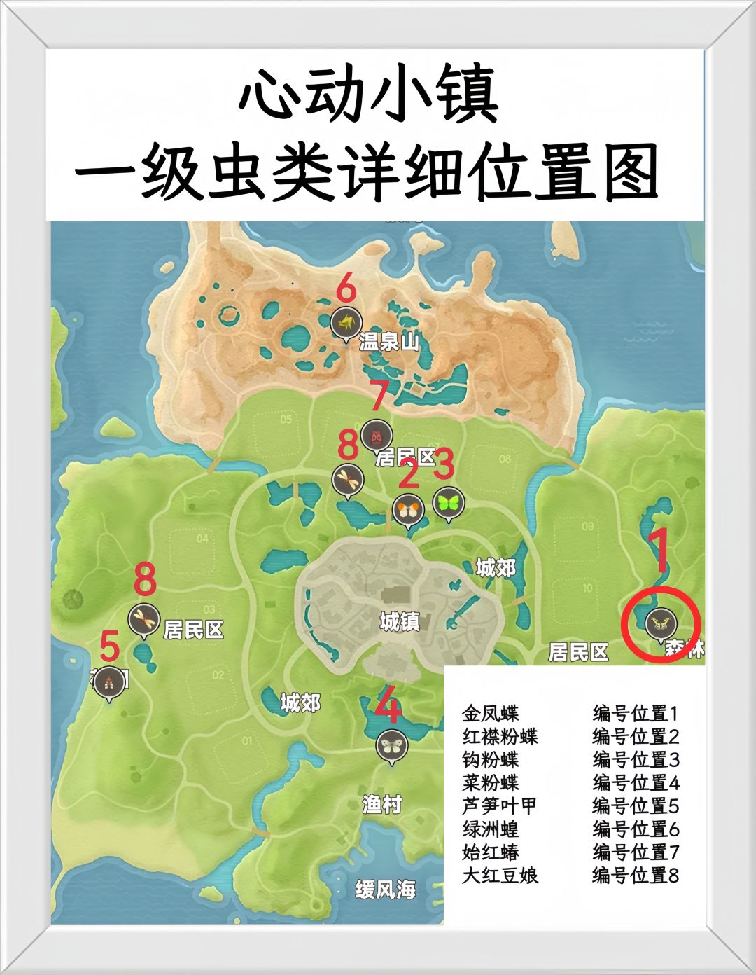 心动小镇捕虫攻略1-7级虫类详细位置图。 3