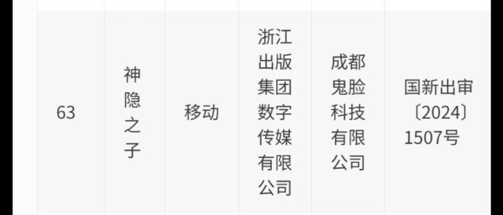 如图,隔壁神隐之子拿到版号了截图