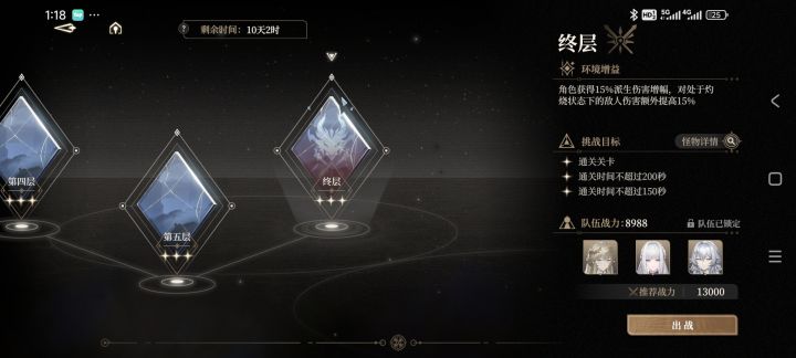 说实话,这深渊有点抽象了。
你哪来的二队呀?就一个up,没有那么多人运气好,能常驻能歪c。
四星c感觉拉了,也打不了多少,而且也没那么多资源拉,这游戏体力耗太快了,回复太慢了,一天只能回复240,240也就够扫荡12次,12次也就够,一个角色70级突破一次。
这深渊我估计最少99%的人打不满,我就是其中之一,而且最关键的是你深渊,奖励挺丰厚的,打不满,很难受的,本来玩游戏就战斗爽,你这整这套,玩呢截图