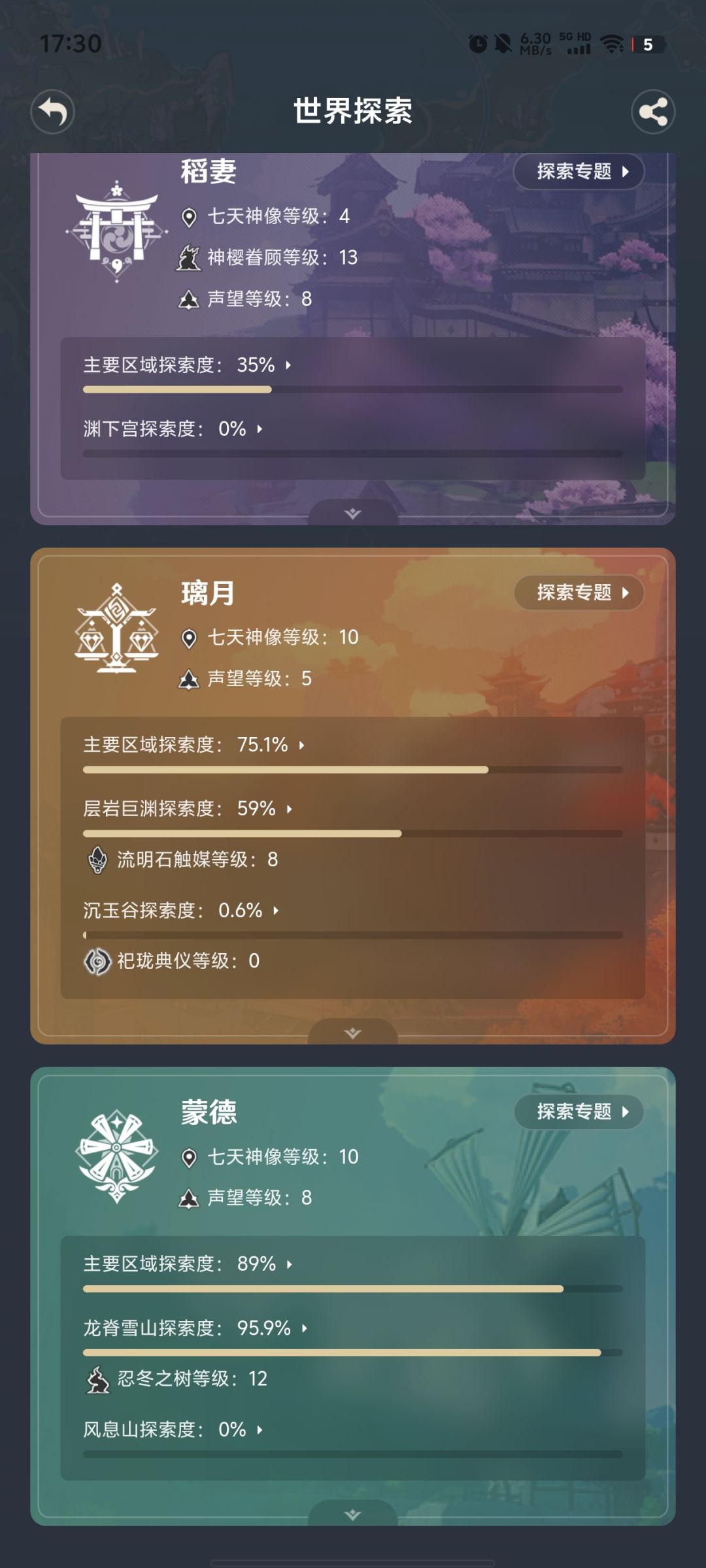 请问想回游,这个地图探索度有必要开新号吗 2