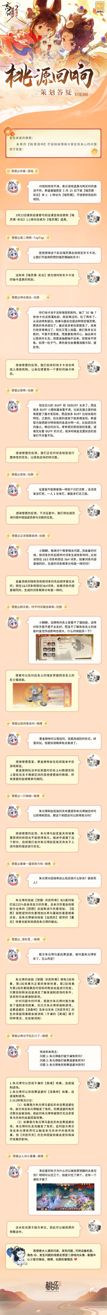 【#桃源回响# 策划答疑Vol.100】
风恬日暖荡春光，戏蝶游蜂乱入房。忘川二周年庆随着春光好景越来越近，使君们关于新内容的反馈也越来越多~
地卡卡池保底机制、状态标签优化、装备洗练相关、更金换物、朱元璋技能相关……使君们关心的问题，都在答疑里。
美好忘川桃源，与君共筑！欢迎使君大人在评论区留下问题和优化建议，小麒麟会及时收集反馈。
☆#忘川风华录二周年# 庆典即将开启，使君大人可前往：http