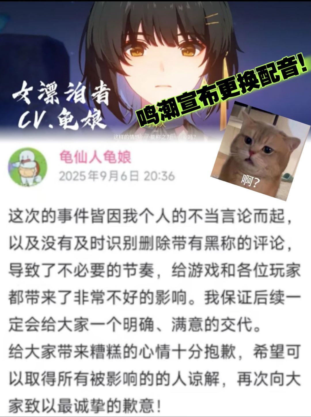 官方出手了!鸣潮女主配音更换,龟娘已道歉 1