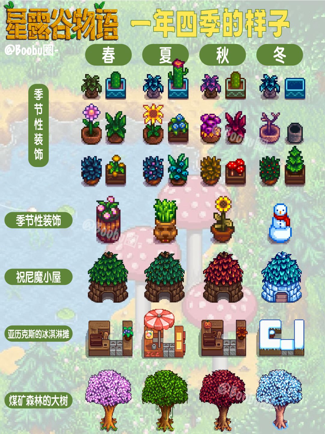 星露谷的一年四季会有什么不同｜植物 树木 装饰🏕️
🌟爱装修的老乡不可不知的信息
来看看在不同季节下，这些物品都有什么外观上的变化吧🥳
#星露谷物语 #星露谷物语联动 #星露谷物语登顶 #星露谷物语手游截图