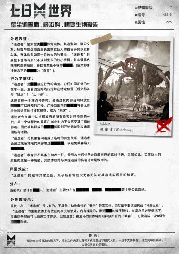 不知道从什么时候起，这片大陆渐渐地成为了我新家。我时常骑着摩托奔驰，至于你说那群笨狼们？就跟在我身后吃尾气吧！
最近我发现了地图上的一个异常点，漂浮着长满手臂的公交车。瞧瞧，又一张《生物样本调查报告》...“迷途者”？简直就像是某人留下的提示，警示后来的人要小心这些家伙。#七日世界#星尘调查局