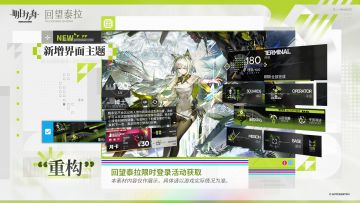 【新增界面主题】
//重构
见证了无数的离散与结合，那双一直注视着时光变迁的眼睛，终于得以重构。
【活动奖励可交互家具】
//“追想回声”
凭Mon3tr的回忆复原的音乐播放器，曾放置在凯尔希办公桌的一角。 
纵使时光匆匆流逝，她在桌前忙碌的身影，依然会在旋律响起时浮现于眼前。
_____________
新增界面主题【重构】、活动奖励可交互家具“追想回声”，回望泰拉限时登录活动获取。 ​​​