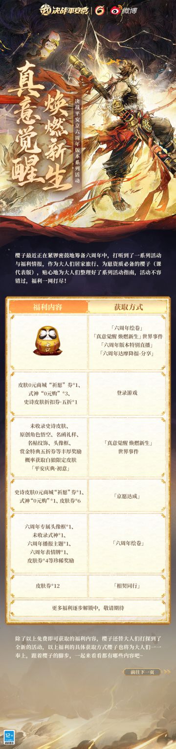 #决战平安京六周年#☆版本活动福利一览☆
作为各位大人最贴心的课代表一枚，本樱在紧锣密鼓地筹备六周年中，打听到了一系列活动与福利情报！◔.̮◔✧不仅有大人们心心念念的吉愿达摩，这次还有皮肤0元购、式神0元购等诸多福利内容一并奉上，对啦对啦！海量皮肤券与道具好礼也不能错过！
樱子为大人们整理好了各个福利的获取方式，各位大人戳下图即可查看详情↓↓↓
#决战平安京#