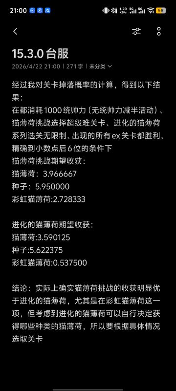 猫薄荷挑战和进化的猫薄荷收益期望对比