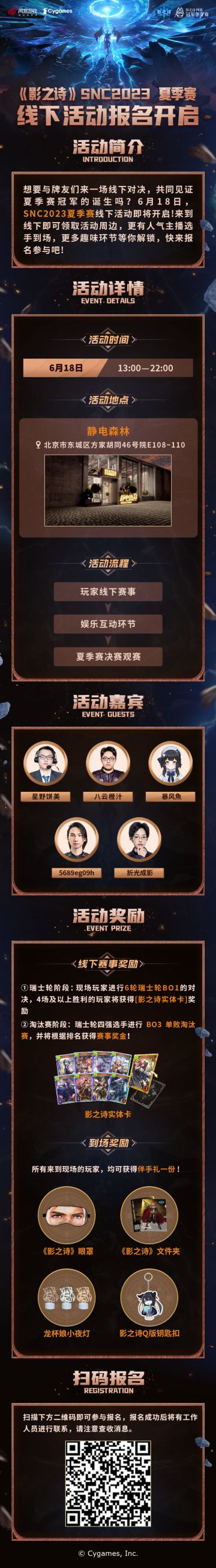 想要和牌友们来一场线下对决，或是和人气主播选手共同见证冠军诞生吗？
SNC2023 夏季赛线下活动报名正式开启！
活动时间：6月18日13:00-22:00
活动城市：北京
活动嘉宾：星野饼美 、八云橙汁影之诗 、暴风魚 、5689eg09h 、折光成影
主战者们可扫码参与活动报名，成功报名的玩家将有工作人员进行联系，请留意后续消息哦。#影之诗#SNC2023