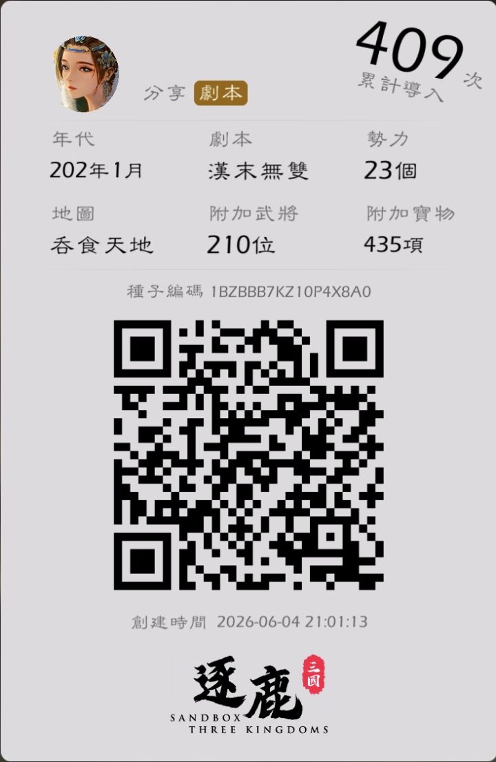 极大地图、官方原地图，可按自己口味选择。用到所有DLC，除了朝代服饰、帝王美人。再次感谢炸南瓜底图，有修改。有什么新武将请自行添加补上。几十位太氏一族红颜知己襄助君王一匡天下，四百宝物天地变色。未添加的神将sp吕布赵云等以及一些本体武将，玩友们可以自己添加[表情_开心]截图