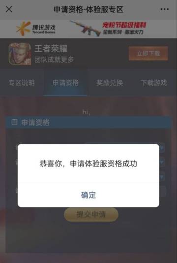 王者体验服申请资格成功