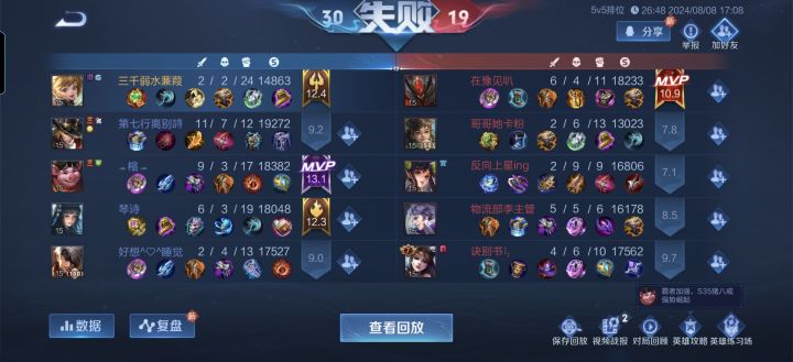 必输局，败方评分高出一截截图