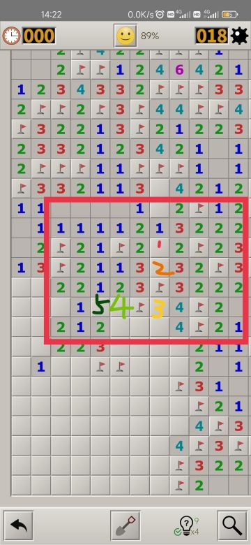 1位置是雷，那2位置不是雷，3位置根据右边的3，得是雷，那4位置不是雷
1位置不是雷，那2位置得是雷，3，4位置不是雷
所以4位置大概率不是雷