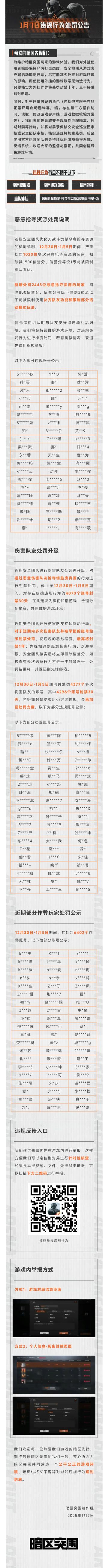 【安全处罚公告】恶意抢夺资源及伤害队友行为处罚公告 1月7日
