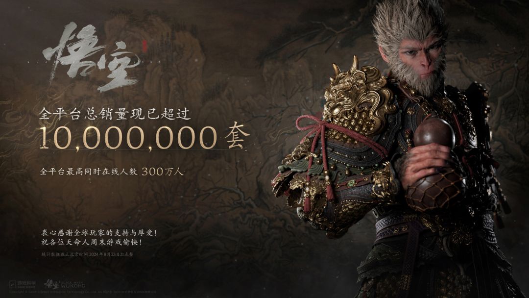黑神话销售超过1000万套,有望超过绝地求生 2