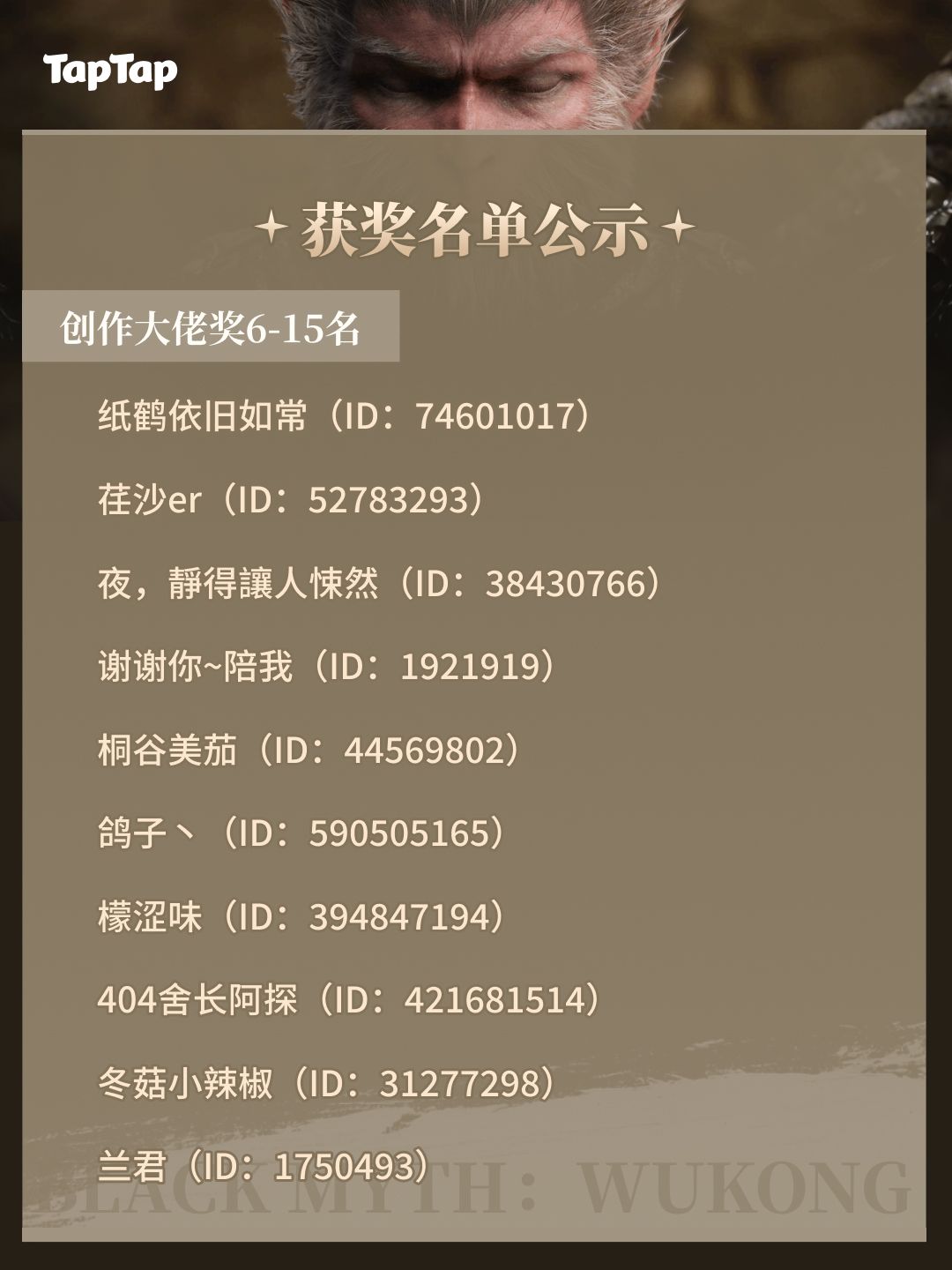 获奖名单公示|黑神话悟空创作激励计划 3