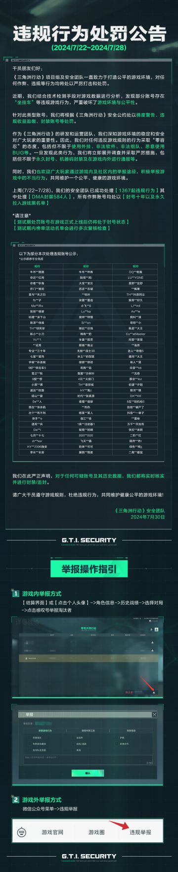 《三角洲行动》违规行为处罚公告（7.22~7.28）