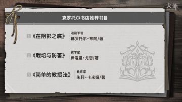 关于第一百一十四次克罗托尔读书节推荐书目的解析

奈菲娅是白塔的学者，在推荐前提到了是实用类书籍，那么书籍内容与现在的时间线应该是相近的，而后续的推荐语也是奈菲娅所写，可以借此推出一些世界背景和民风民俗。
 
《在阴影之底》
推荐时被排在第一位，如果排名分先后的话意味着书中内容，是需要用到的优先级更高的知识。
“须发皆白”与“数十次影灾”说明了影灾的出现是有明确时间跨度的，而且跨度不大，是以年为单