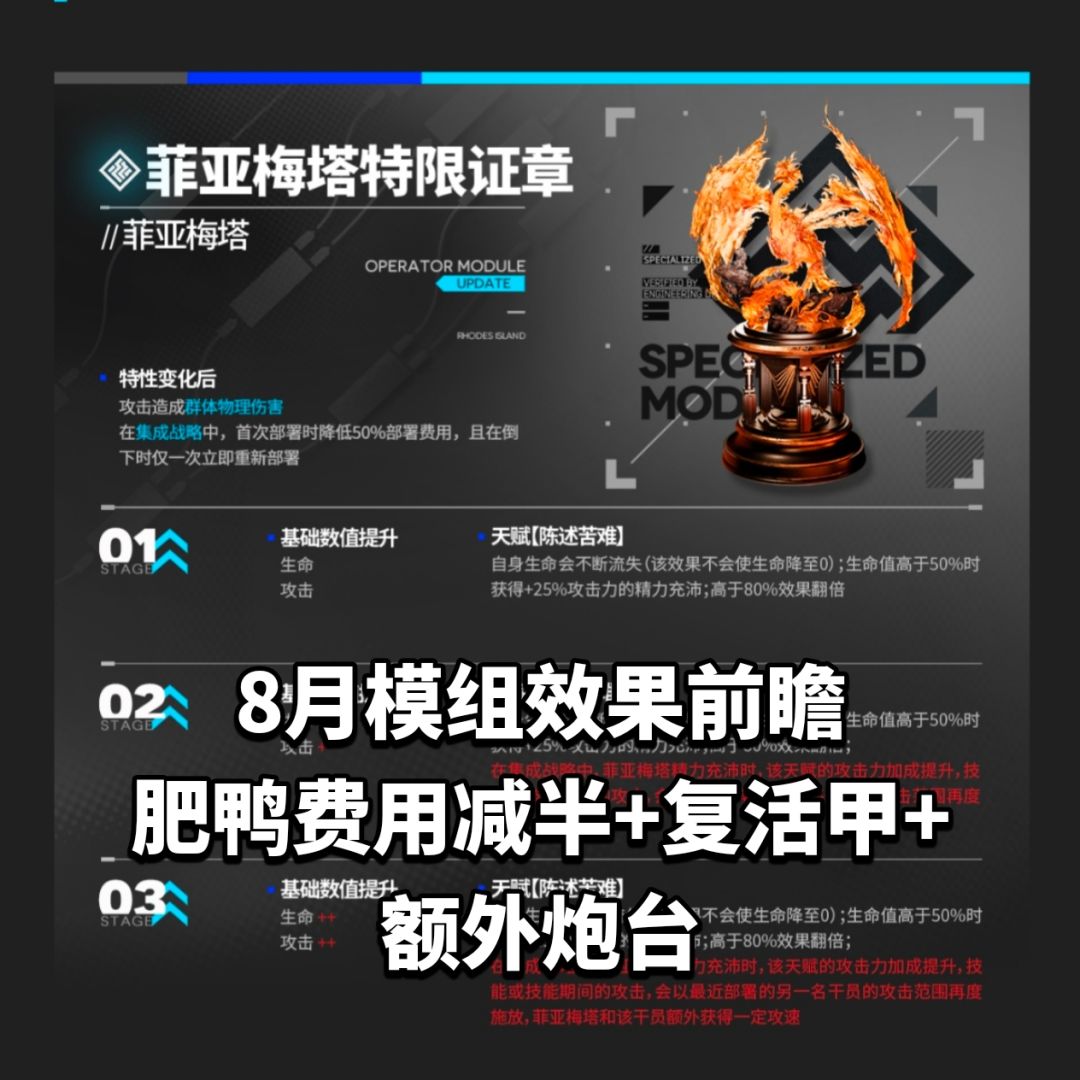 方舟8月模组效果前瞻,肥鸭费用减半+复活甲 1