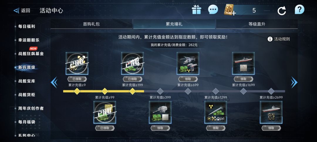 目前充了两百多,出了两战列一巡洋 2