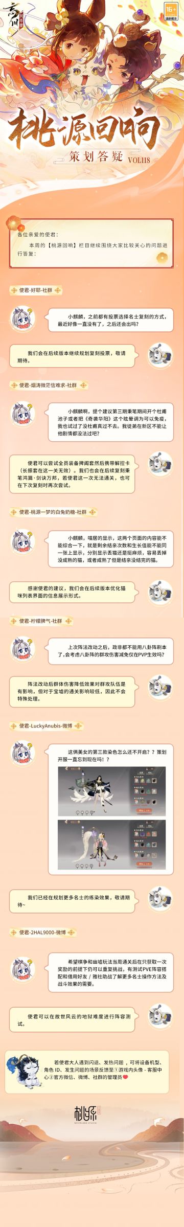 【#桃源回响# 策划答疑Vol.118】
旋折莲蓬破绿瓜，酒杯收起点新茶。夏日虽炎热，却正是荷花盛放的时节，使君大人是否已经欣赏过芙蕖满塘之景了呢？循着荷风，小麒麟抱来了本周策划答疑，使君快来看看吧~
名士复刻投票、秉笔鸿篇攻略、猫咪列表信息展示优化、阵法改动相关、名士练染效果……使君们关心的问题，都在答疑里。
美好忘川桃源，与君共筑！欢迎使君大人在评论区留下问题和优化建议，小麒麟会及时收集反馈。
